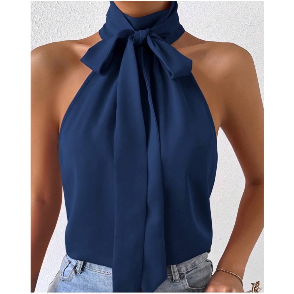 Luxe Neck Tie Halter Tank Top - Picture 1 of 10